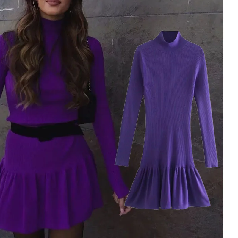 

Women's Dress Za 2021 Fashion Sexy Slim Knit Mini Vintage Half High Neck Long Sleeve party dress Female Dresses Vestidos Mujer
