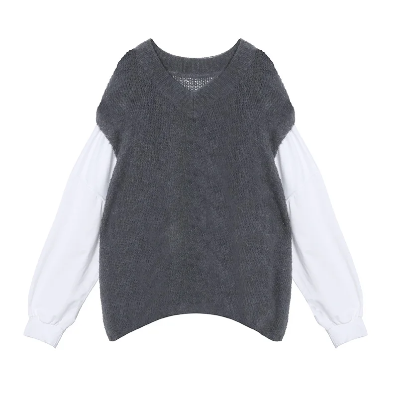 

Large Size Sweater 2021 New Autumn and Spring Wear Pullover Lazy Wind Fake Two-Piece Long-Sleeved Upper Garment Sweater