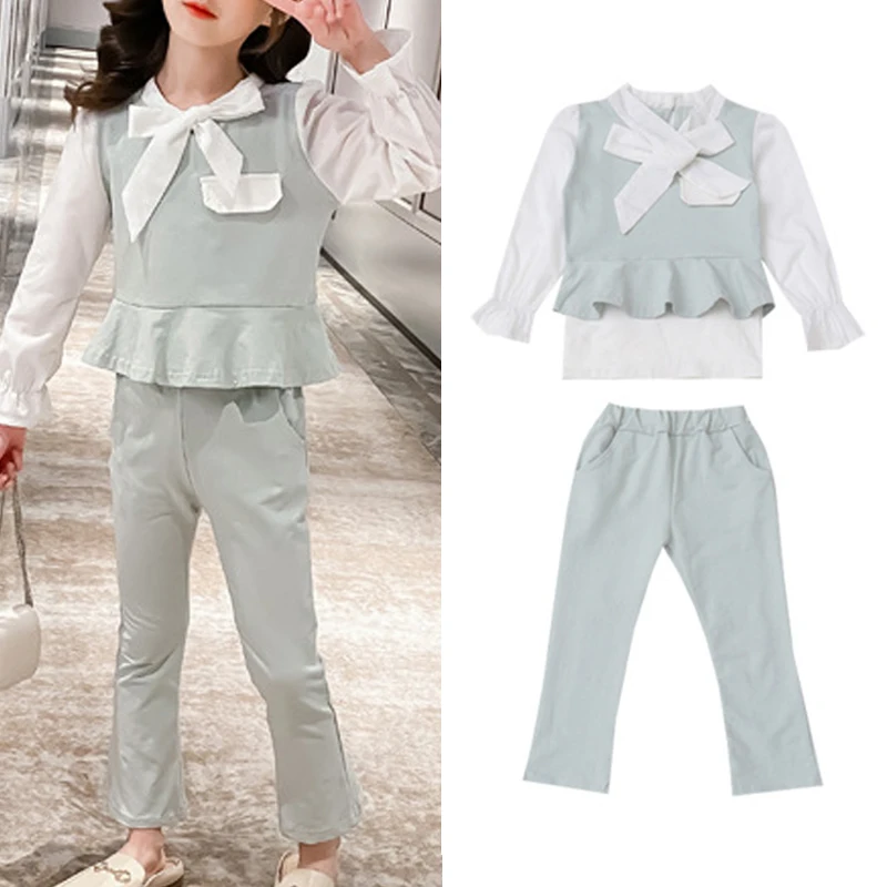 

2022 New Spring Girl Clothing Sets Bowknot Sweet Baby Girl Suit Kids Long Sleeve Tops Pants Suit Children Clothes Set 3-10 Years