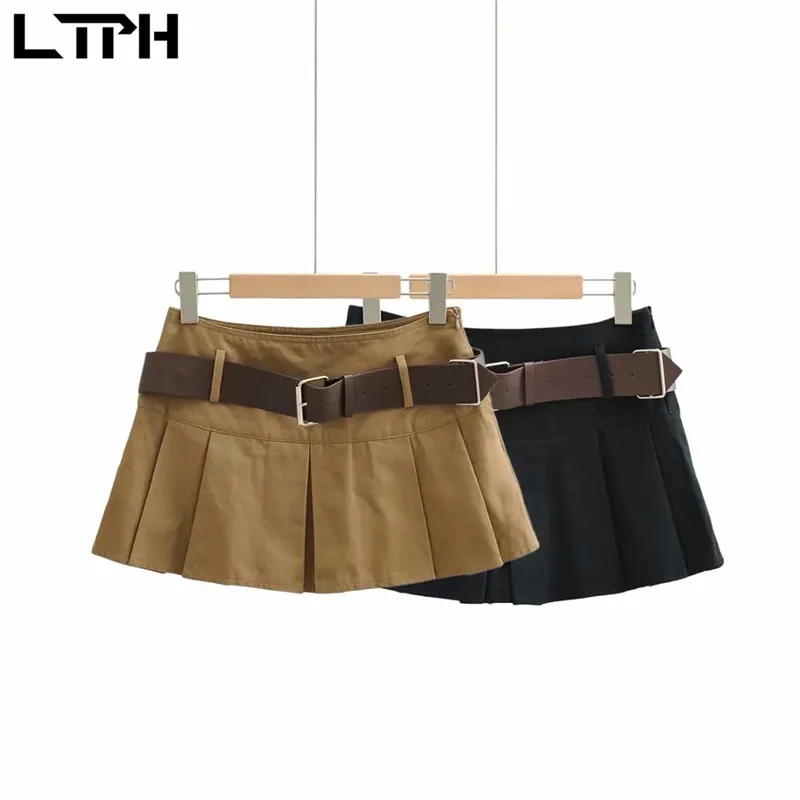 

LTPH vintage Y2K style women skirt Super short high waist mini pleated skirt solid with belt Package hip skirts 2021 summer new