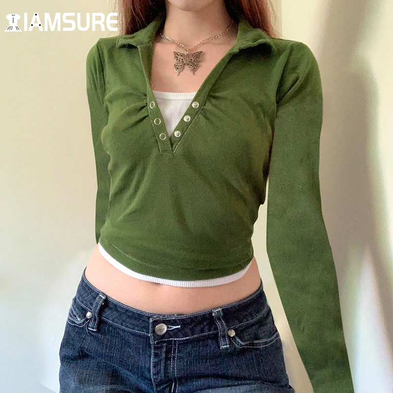 

IAMSURE casual patchwork t shirt women 2021 solid turn-down collar long sleeve tees autumn winter crop tops