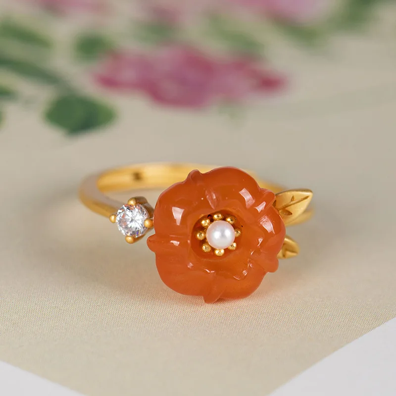 

S925 Sterling Silver Gilded South Red Agate Plum Flower Rings Retro Elegant Classic Women Adjustable Opening Ring K0026