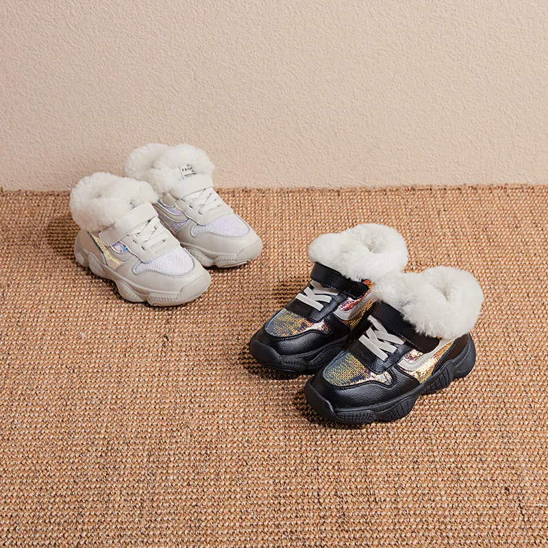 Scsech/зимние ботинки для девочек детские кожаные кроссовки с блестками плотные