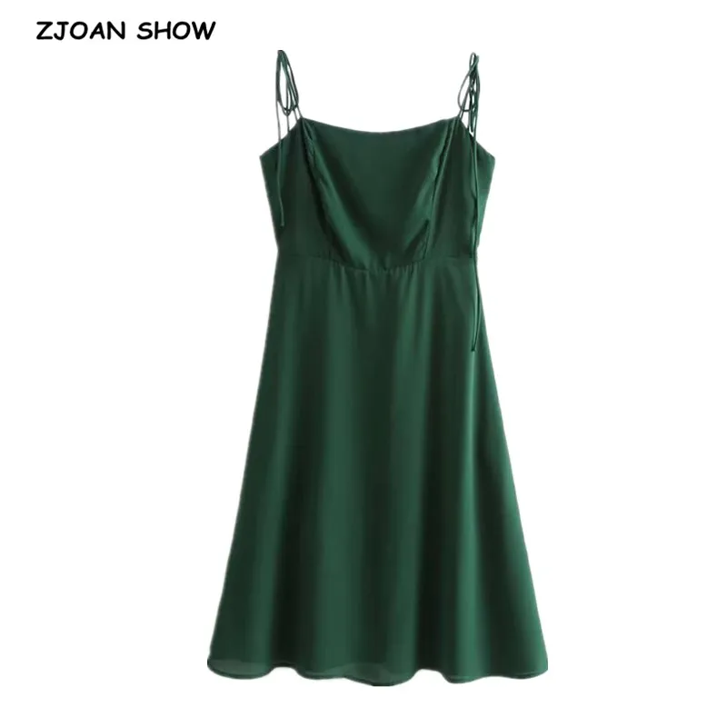 

French Style Retro Women Dresses CHIC Green Adjust Spaghetti Strap Dress Vintage Slim Chiffon Vestido