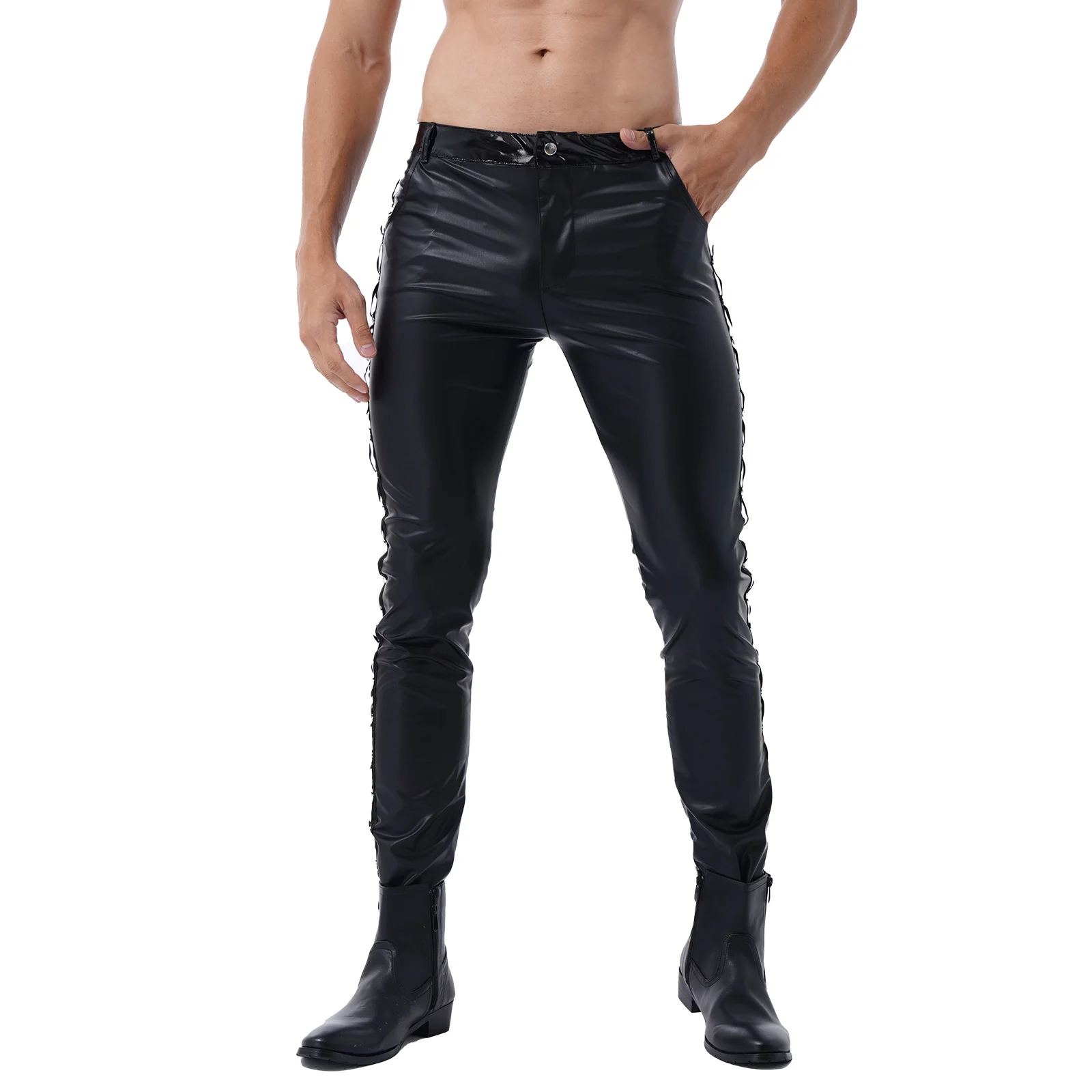 Men Skinny Faux Leather Low Waist Pencil Pants Fashion Tight Trousers Casual Workout Leggings Pole Dance Costume for Nightclub