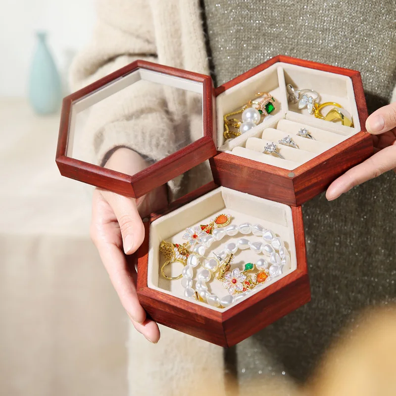 

Simple fashion small jewelry box exquisite portable earrings necklace ring bracelet storage box double-layer inner grid design s