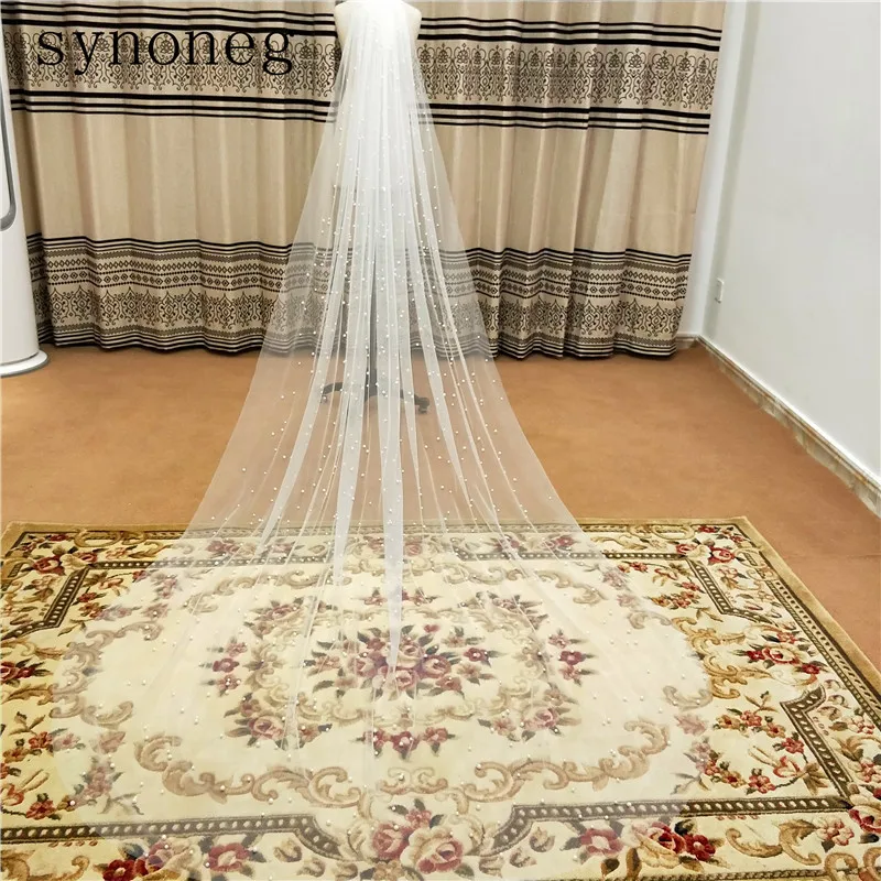 New Arrival Hot Sale White/Ivory Bridal Veil With Comb One Layer Cathedral Royal Pearl Wedding Veu de