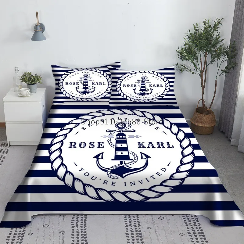 Boat Anchor Blue And White Stripes Bed Sheet Set 3D Printed 