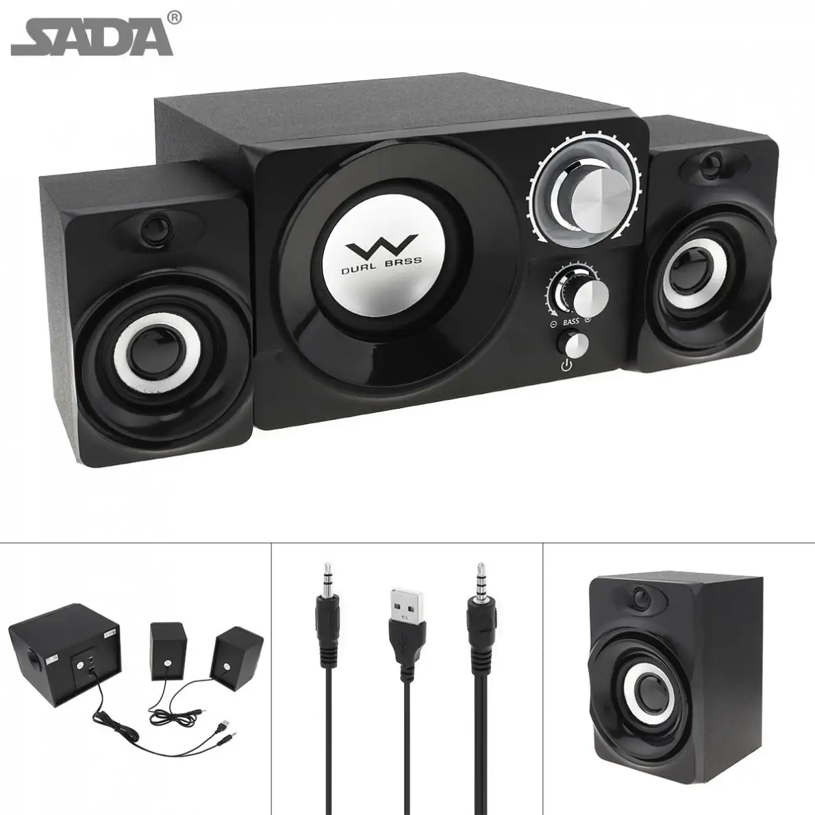 SADA S-20 2.1 Mini Black 11W Wooden Subwoofer Portable Music USB Computer Speaker with 3.5mm Audio Plug for Desktop / TV / PC