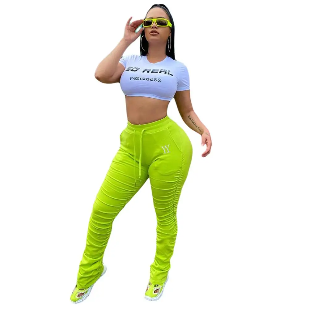 

Ladies' ruffled trousers - European and American sport letters embroidered with pockets and lace-up INS summer style trousers