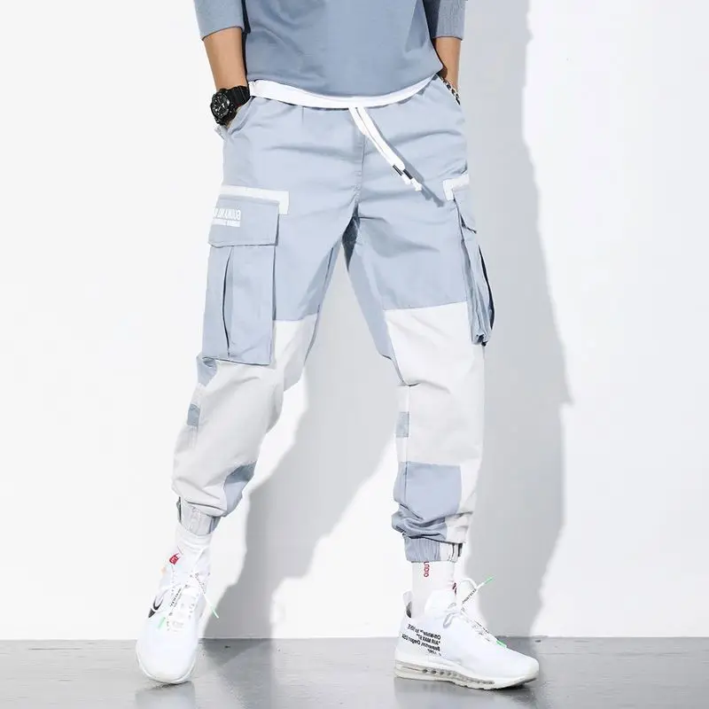 

Cargo Pants Man Mid-rise Patchwork Cargo Trousers with Pockets Men's Harajuku Fashion Blue Cargo Pants Mens Hip Hop Clothing