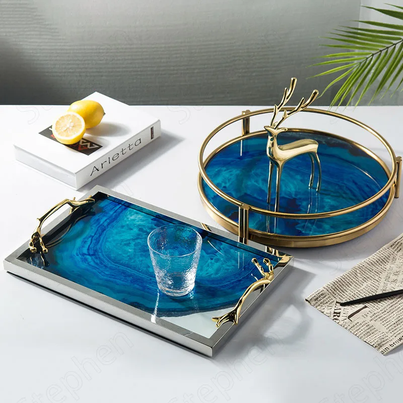 

Blue Agate Stone Texture Trays Decorative Nordic Modern Round Fruit Snacks Coffee Table Tray with Golden Handle Home Decoration