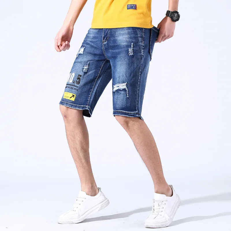Джинсовые шорты для мужчин винтажные рваные стрейчевые с высокой талией эффект