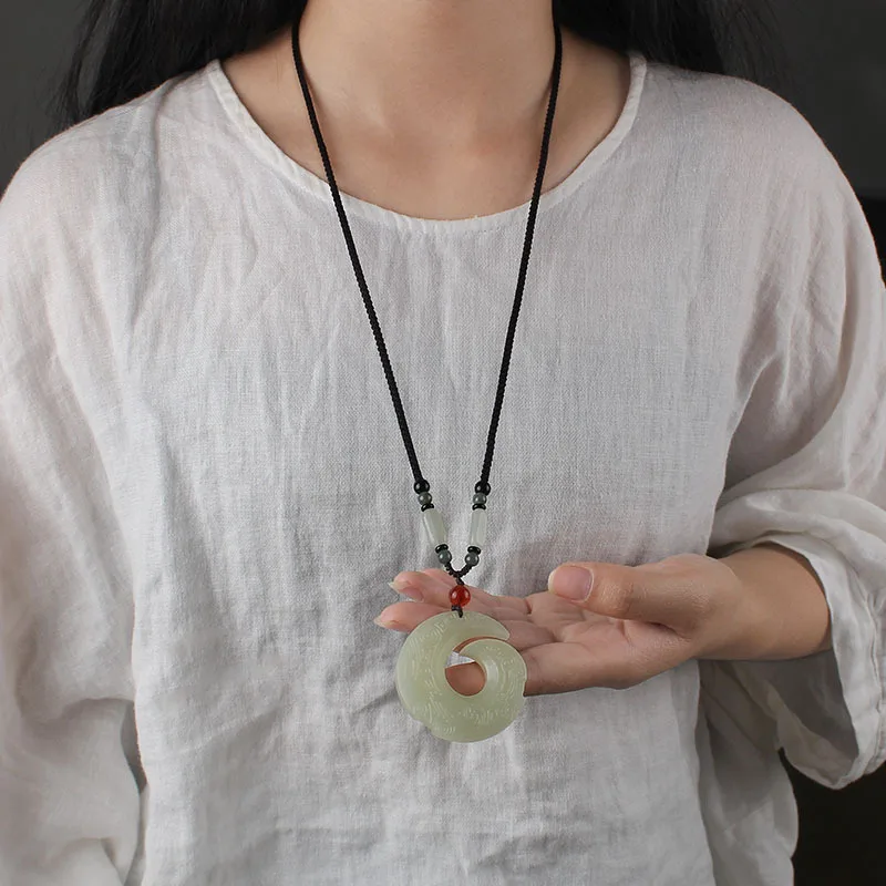Natural White Chinese Jade Rune Pendant Fashion Necklace Charm Jewelry Double-sided Hollow Carved Amulet Gifts for Her Men | Украшения и