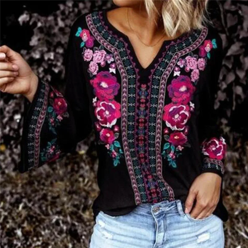 Женская этническая футболка с пышными рукавами Повседневная цветочным принтом