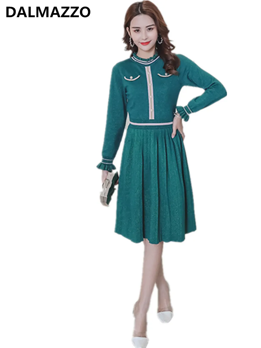 2019 Newest Autumn Women Green Knitting Pleated Long Dresses Vestidos High Quality Womans Flare Sleeve Runway Dress XL | Женская одежда