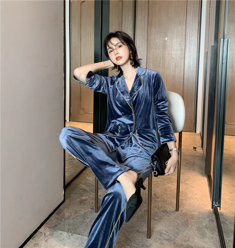 

Autumn Pajamas Women's Long-sleeved Pajamas Two-piece Pajamas Pure Color Home Set Winter Casual Pajamas Can Be Worn Outside Doub