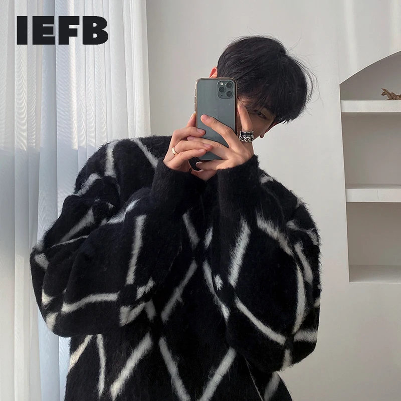 Свитер IEFB плюшевый в клетку мужской осенне-зимний корейский стиль свободный