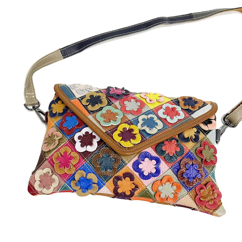 

Women Genuine Leather Flap Envelope Wristlet Handbag 2021 Female Casual Vintage Patchwork Multicolor Floral Clutch Messenger Bag