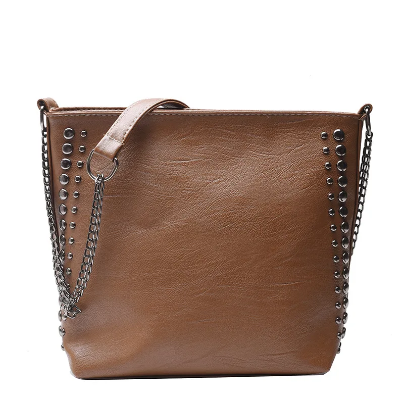 Vintage Pu Leather Crossbody Bag Women Top-handle Bags Rivet Larger Women Shoulder Bag Motorcycle Messenger Bag