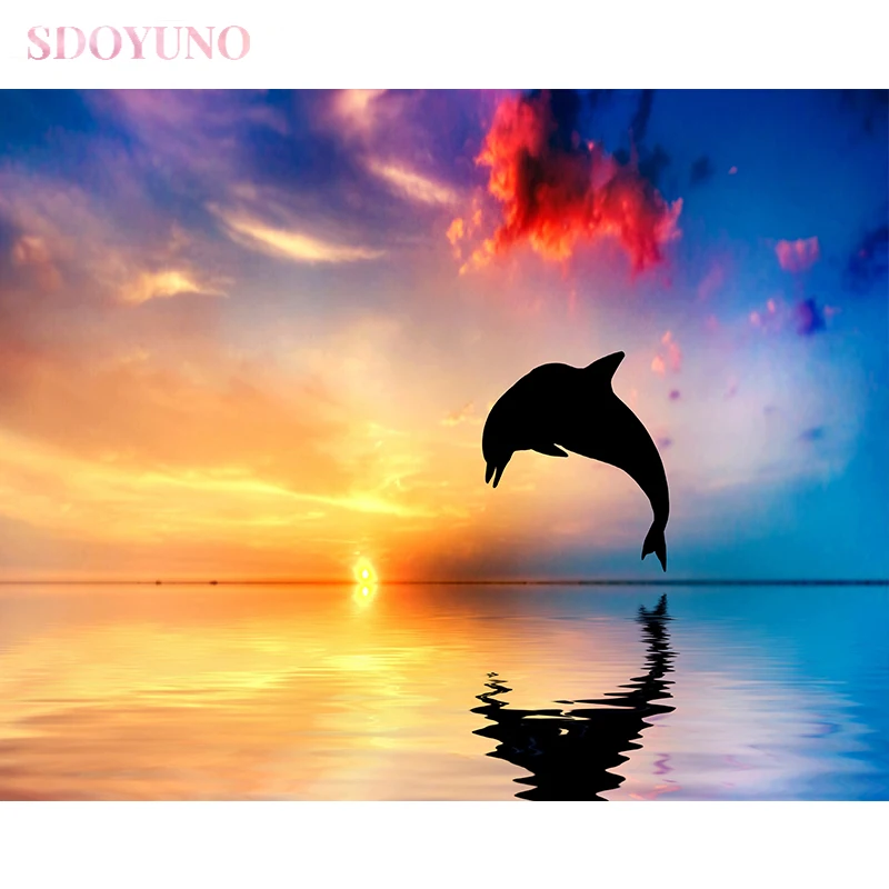 

SDOYUNO Acrylic Painting By Numbers animals on canvas 40x50cm frameless dusk dolphin seascape diy pictures by numbers HandPaint