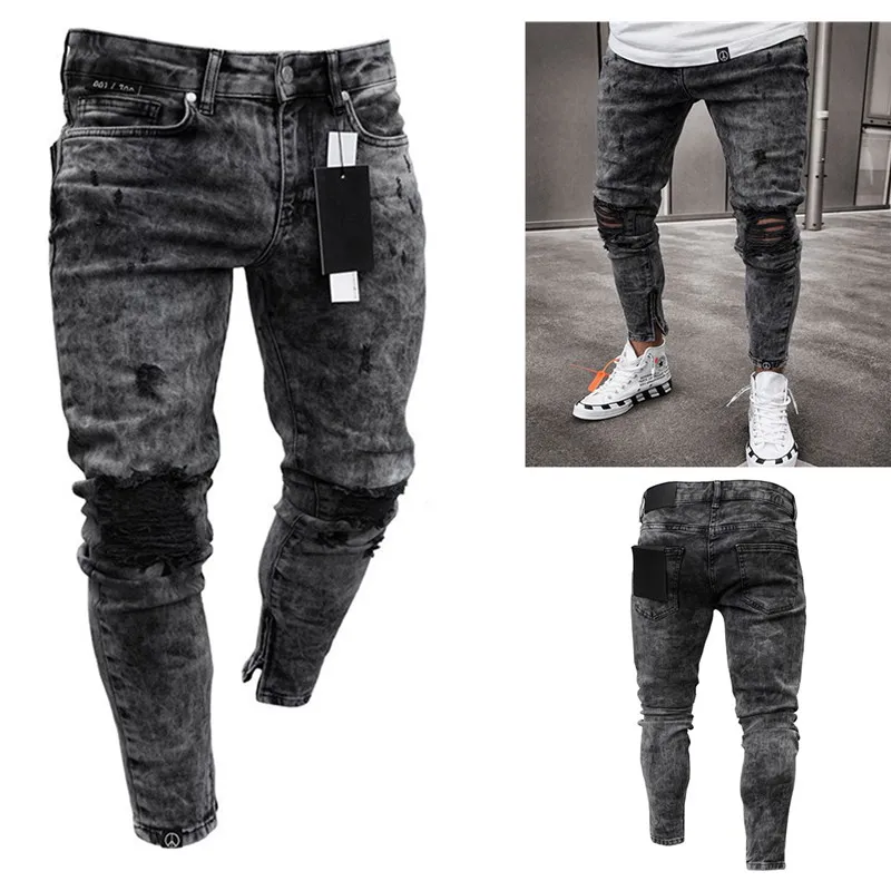 

Biker Jeans Men's Distressed Stretch Ripped Biker Jeans Men Hip Hop Slim Fit Holes Punk Jeans Zipper Pure Color Denim Pants L005