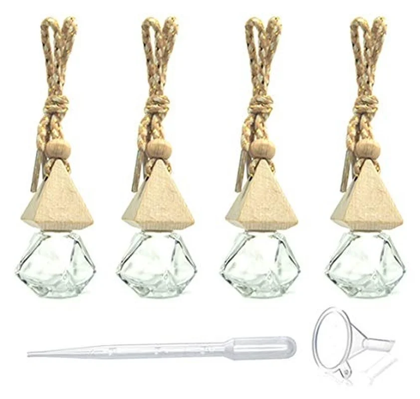 4 pcs 6ml Refillable Car Essential Oil Diffuser Empty Car Air Freshener Pendant Perfume Aromatherapy Vials-Clear Glass Bottle
