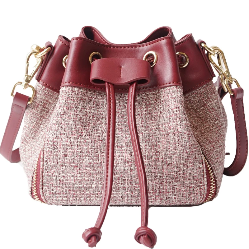 

2021 new splicing drawstring bucket bag female Korean version of one shoulder slung mini bag portable pumpkin bag