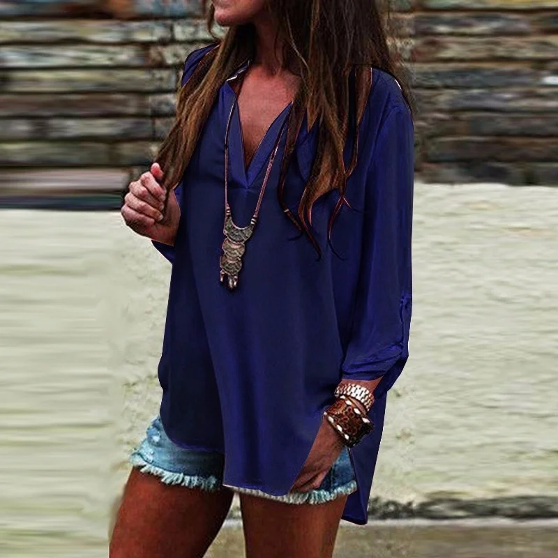 

Casual Pure Color Blouse Plus Size Tops Women's Long Sleeve V Neck Top Loose Baggy Festivals Classics Comfort Sxey