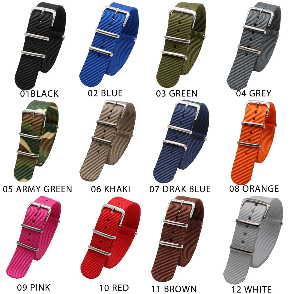 

Solid Color Army Sports Watch Band 18MM 20MM 22MM 24MM Nylon Strap for NATO Men's Women's Watch Stainless Steel Buckle Belt