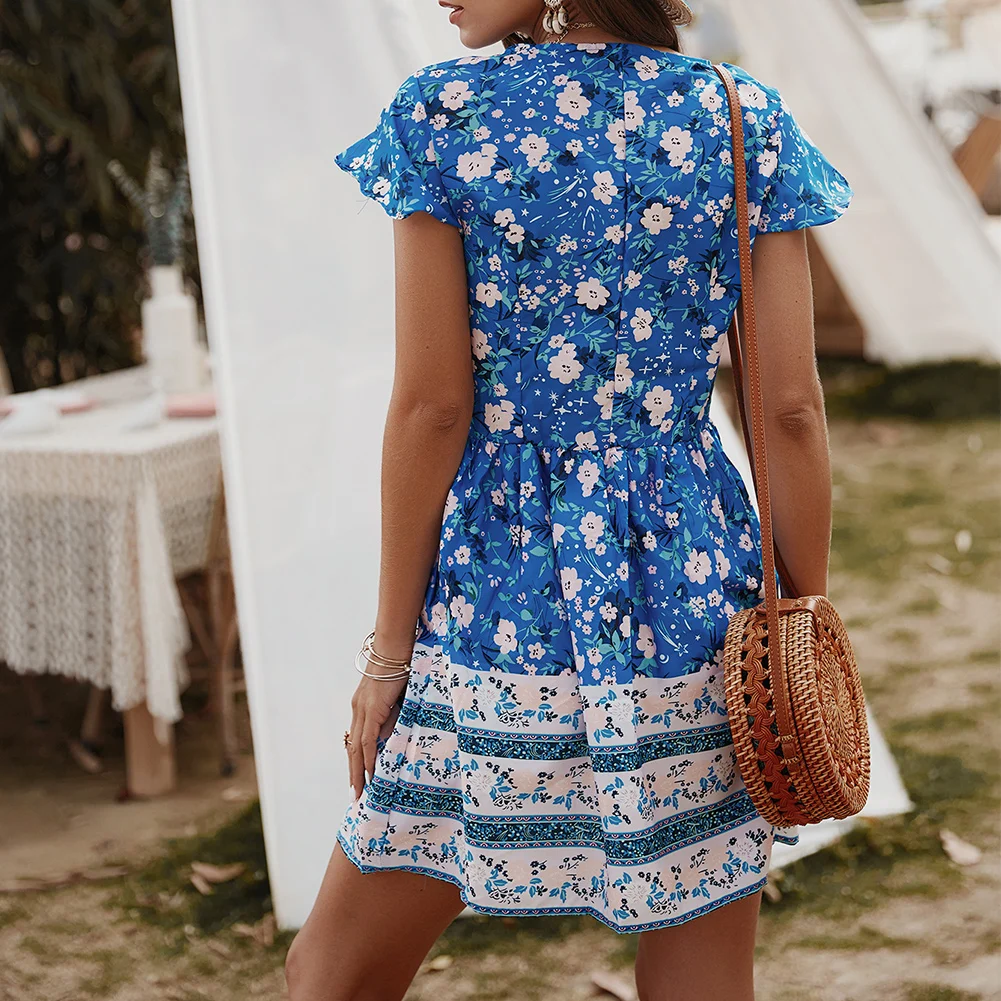 

Women's V-Neck Floral Print Mini Dress Short Sleeve Mid Waist Casual Pleated Swing Dresses for Summer J55