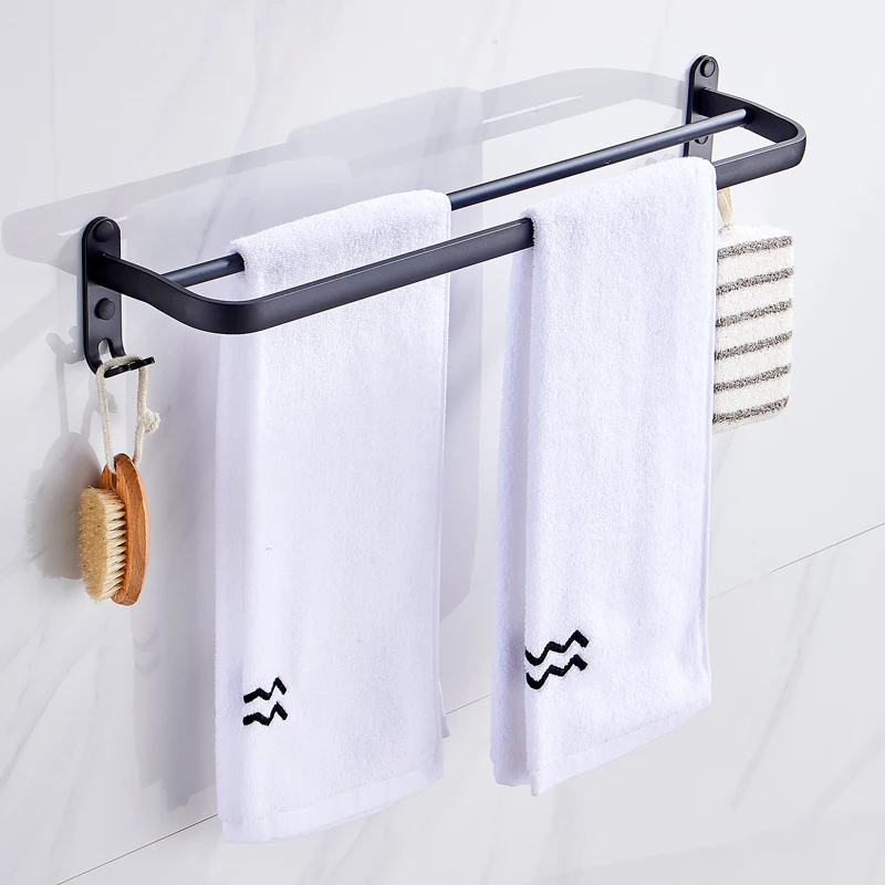 

Black Space Aluminum Towel Holder Punch-Free Bathroom Accessories Hook Shower Rack Organizer Hanger Wall-Mounted