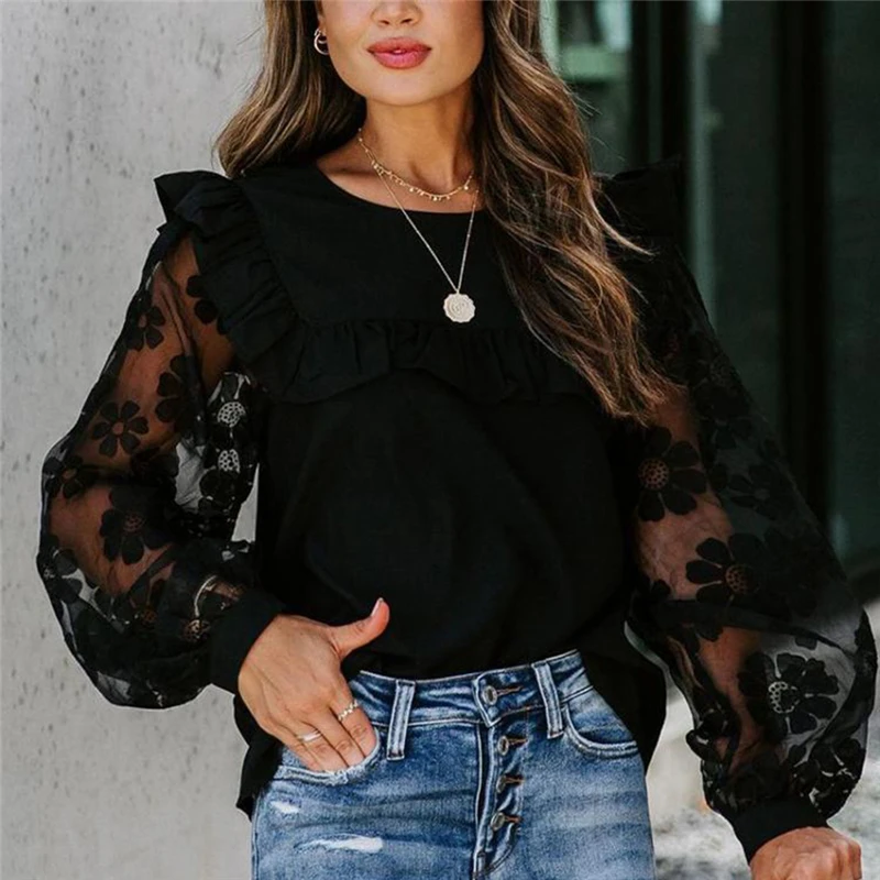 

Ladies Ruffles Patchwork T Shirt Lace Floral Transparent Long Sleeves O Neck Tops Fashion Female Casual T Shirt