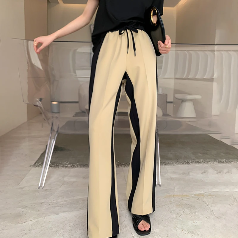 

SHENGPALAE fashion contrast color trousers women's summer 2021 new high waist drawstring straight loose pants female tide 5C932