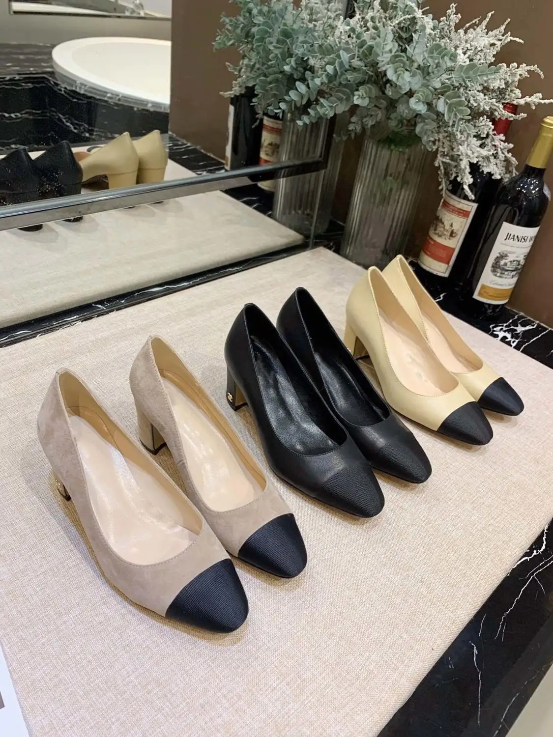 

Early Spring Pumps Woman Pointed Toe Med Thick Heels 5 cm Shallow Chic Lady Office Dress Up Shoes Rhinestone Chaussures Femmes