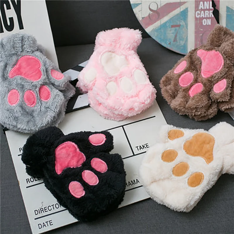 

Women Bear Plush Cat Paw Claw Gloves Winter Faux Fur Cute Kitten Fingerless Mittens Gloves Christmas Halloween for Womens Girls
