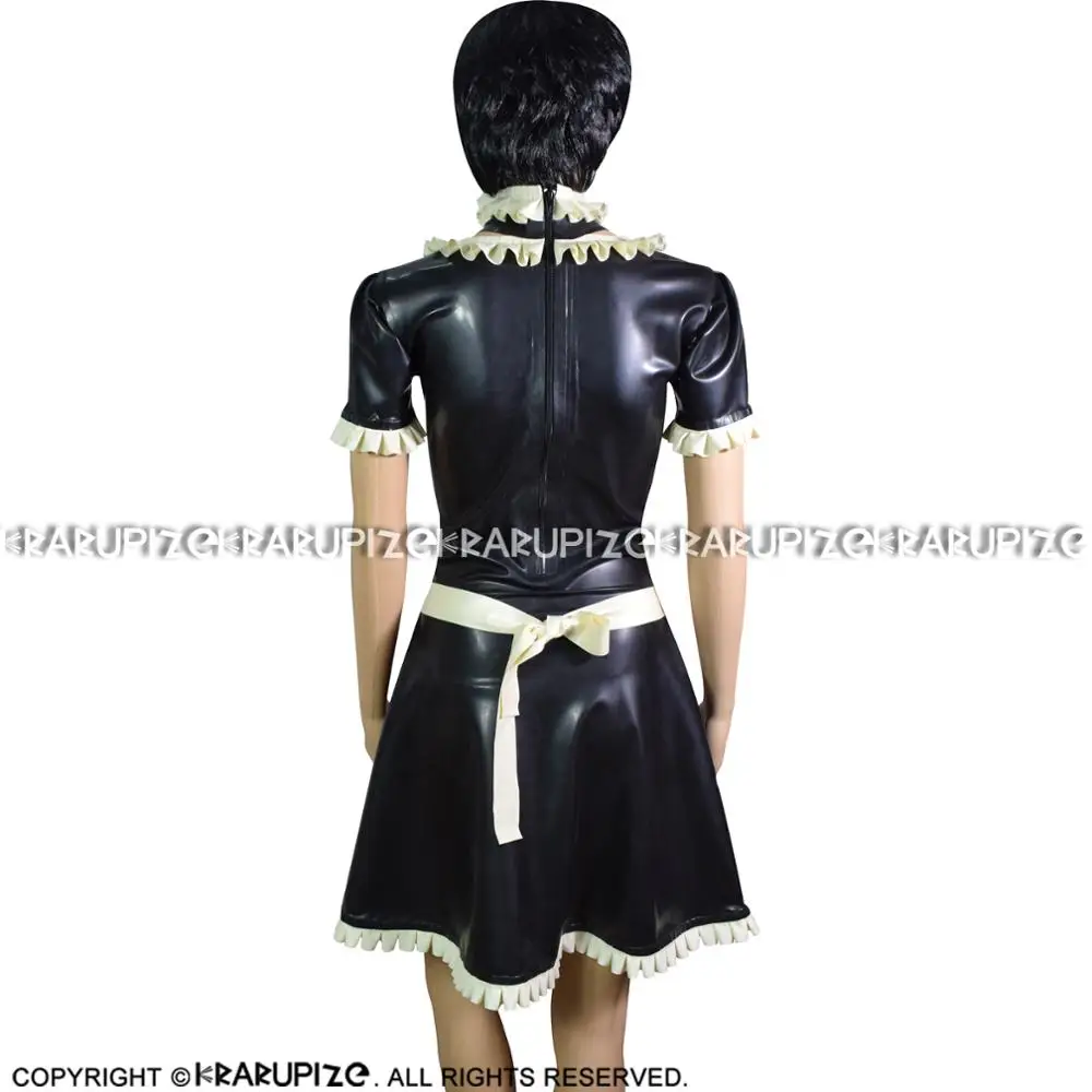 Preise Sexy Französisch Maid Latex Kleid Mit Schlitze Auf Der Vorderseite Böden Und Weiß Schürze Zipper Zurück Gummi Uniform Bodycon Overall LYQ-0130