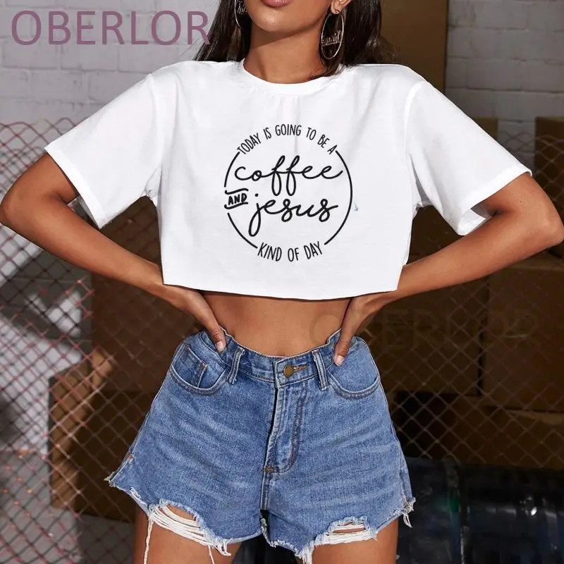 

Women Coffee And Jesus Aesthetic Clothes Ulzzang Harajuku Graphic Streetwear Funny Hip Hop Crop Tops T-shirt Camisetas Mujer
