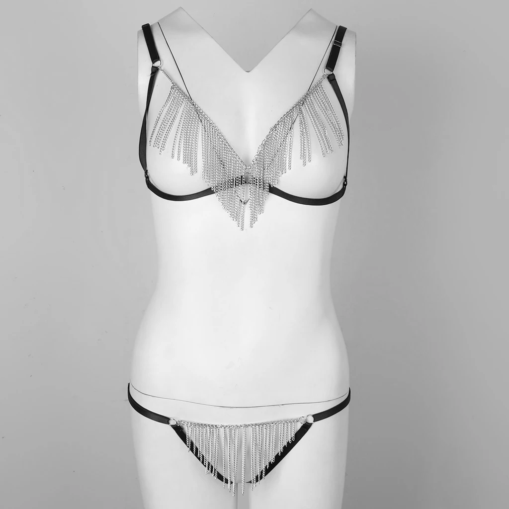 

Women's Sexy Punk Chain Tassel Harness Strappy Cage Bra Panties Set