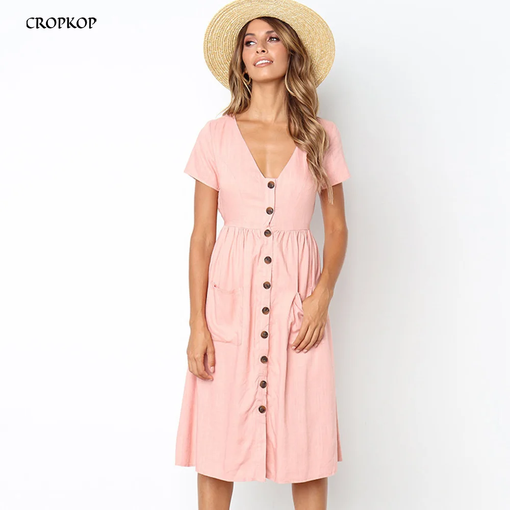 Длинное платье летнее повседневное однотонное розовое на пуговицах с карманами