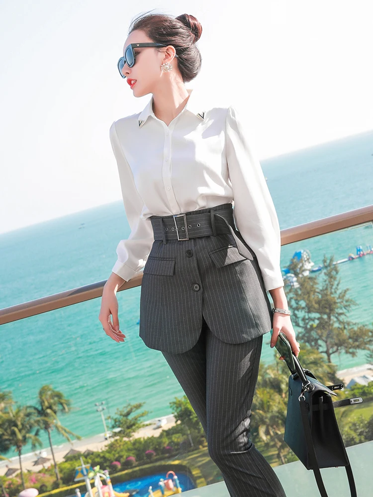 

2021 spring summer women fashion three piece set office lady white tops shirts and high waist striped long pants + peplum corset