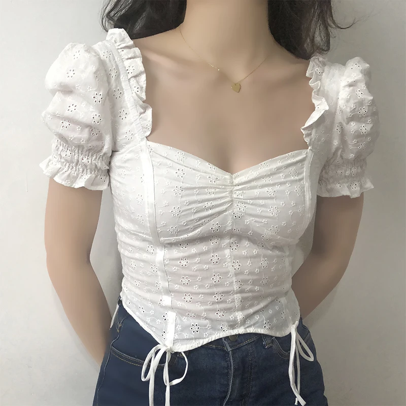 

Женский укороченный топ во французском стиле, летние белые футболки с вышивкой, женские короткие белые топы с пышными рукавами