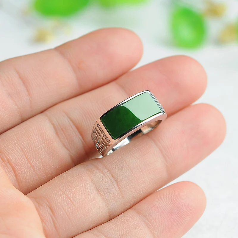 Хе Тиан Ю мужское кольцо Серебряно инкрустированное нефритовое натуральное с