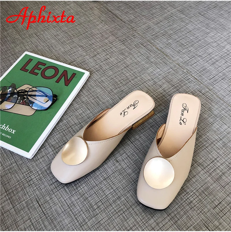Aphixta/женские шлепанцы на квадратном каблуке; мягкая женская обувь с круглым металлическим квадратным носком; сезон лето-осень; большие размеры 43