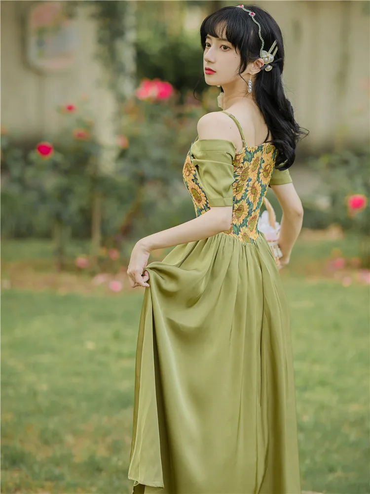 

Summer Vintage Women Green Dress Cottagecore Retro Jacquard Floral Slash Neck Strap Off Shoulder Sexy Long Dresses Lady Party