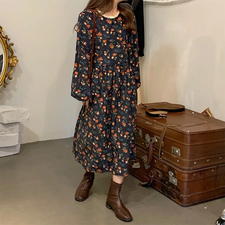 

Retro Nightdress Lace Collar Printed Dress New Arrival Korean Version Loose High Waist Long Sleeve Base Skirt Sexy Sleepwear