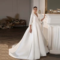 vintage satin wedding dress a line new 2021 deep v neck 34 sleeve back buttons sweep train long garden chapel wedding dresses