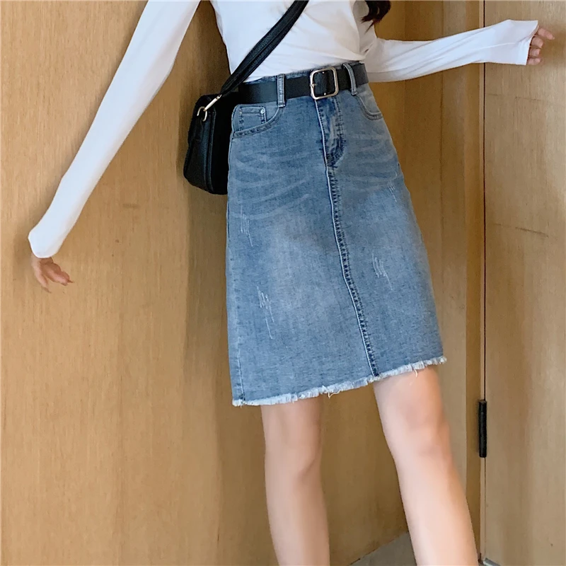 

Эластичная джинсовая юбка средней длины, Женская весенне-летняя новая тонкая трапециевидная юбка с завышенной талией