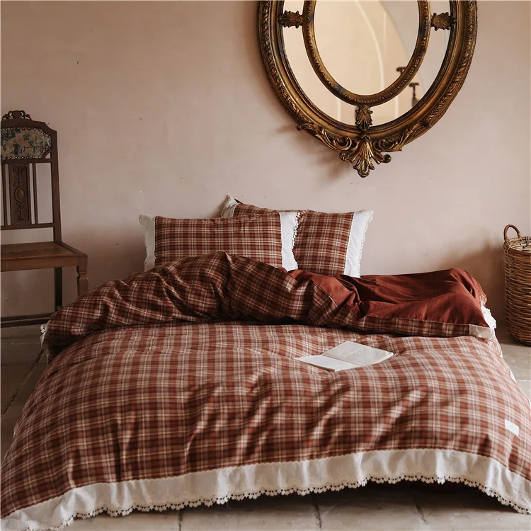 

Vintage Yarn-dyed Bedding Set Pure Cotton Plaid Duvet Cover Bed Linens Pillow Cases Lace Brushed 4pcs King Queen Size Bedding