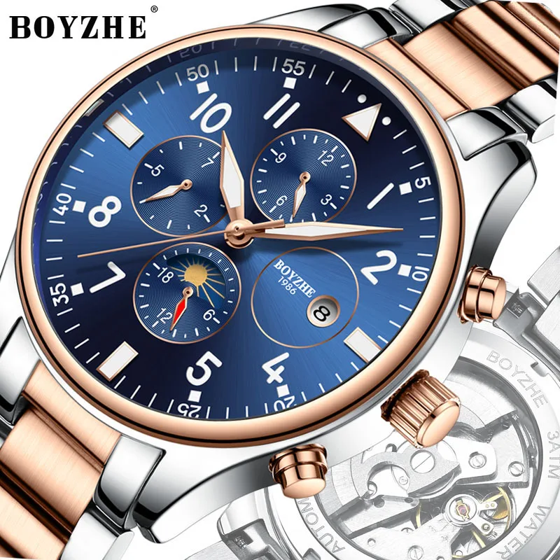 BOYZHE Мужские автоматические механические Moon Phase водонепроницаемые светящиеся